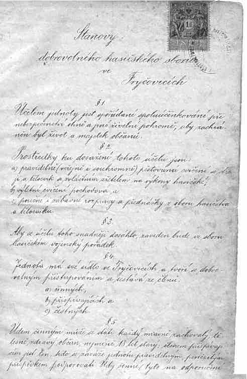 Úvodní list stanov SDH Fryčovice z roku 1895